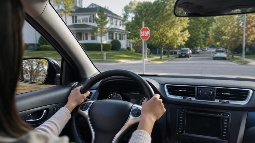 アメリカの住宅街で運転免許の路上練習や実技試験を想定した車内からの写真